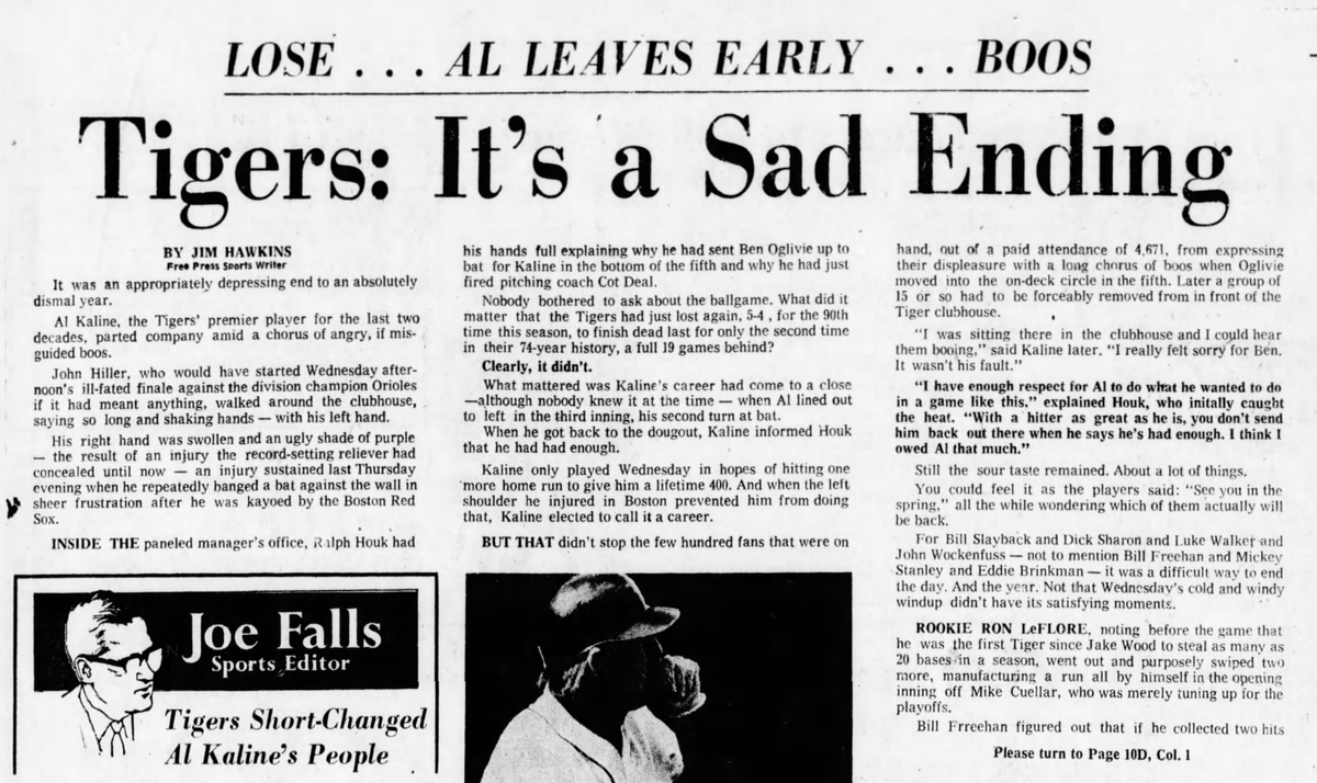 Detroit70s's tweet photo. October 1974: In front of sparse crowd of 4,671 and record cold temps of 29 degrees, Al Kaline ends his run as #MrTiger.

Due to a sore shoulder, Al takes himself out of the game after 2 at-bats causing a near riot from the fans when they see Ben Oglivie pinch hit. https://t.co/BEt7evxHi4
