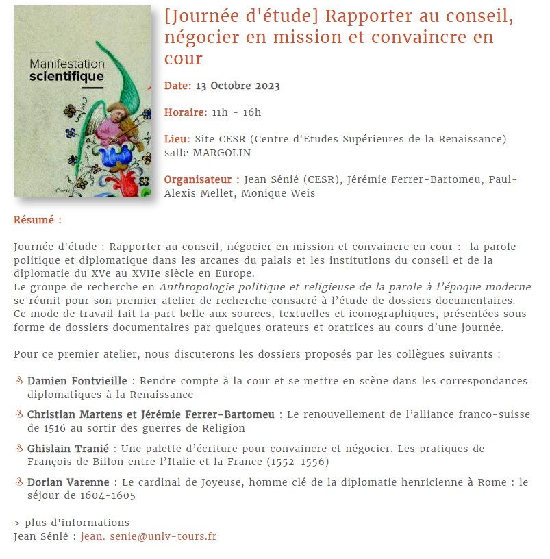 🔜La semaine prochaine se tient notre 1er atelier de recherche en #anthropologie #politique et #religieuse de la #parole à l'époque moderne. Nos travaux ont lieu pendant une journée au <a href="/CESR_Tours/">Centre d'études supérieures de la Renaissance</a> Voici le programme et un descriptif 🧶de notre questionnaire documentaire 👇#Speech
