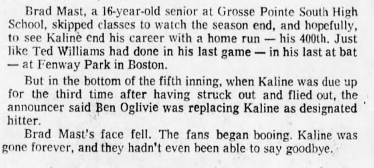 Detroit70s's tweet photo. October 1974: In front of sparse crowd of 4,671 and record cold temps of 29 degrees, Al Kaline ends his run as #MrTiger.

Due to a sore shoulder, Al takes himself out of the game after 2 at-bats causing a near riot from the fans when they see Ben Oglivie pinch hit. https://t.co/BEt7evxHi4
