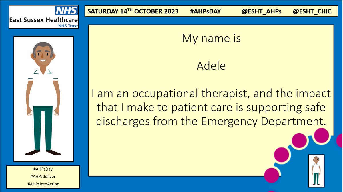 This week we are celebrating our amazing #AHPs in the run up to #AHPsDay on the 14th Oct. <a href="/ESHTNHS/">East Sussex Healthcare NHS Trust</a> @ESHT_CHIC. <a href="/ESHT_OT/">ESHT_OT</a>  Thank you Adele an OT for your contribution and thoughts 👏🏻👏🏿 👏🏽