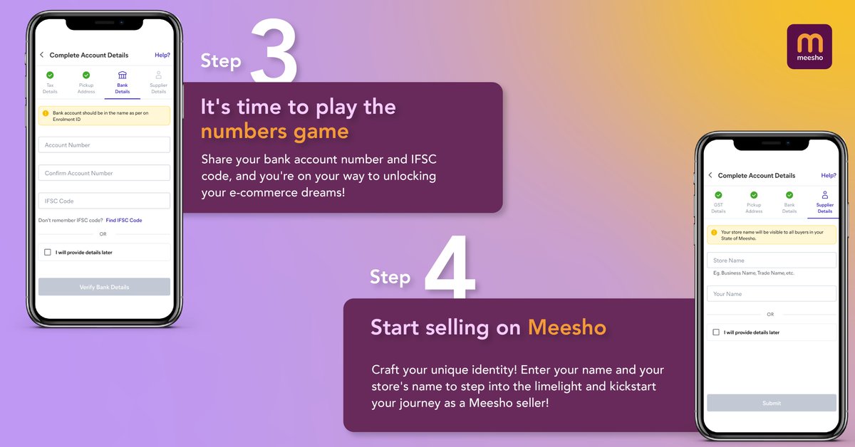 Meesho_Official's tweet photo. Meesho is for everyone! Become a seller in fewer steps: Register, Localize and Thrive!

अब अपने व्यवसाय को बिठाना हुआ और भी आसान!

इन 4 सरल कदमों को फॉलो करके आप भी बन सकते हैं अपने व्यवसाय के मालिक! आज से अपनी दुकान चलाने का सपना पूरा करें!🚀💰 #Entrepreneurship #MSMEs https://t.co/oKDrGGAr7E