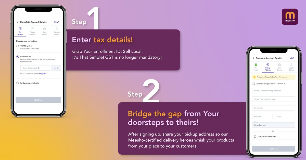 Meesho_Official's tweet photo. Meesho is for everyone! Become a seller in fewer steps: Register, Localize and Thrive!

अब अपने व्यवसाय को बिठाना हुआ और भी आसान!

इन 4 सरल कदमों को फॉलो करके आप भी बन सकते हैं अपने व्यवसाय के मालिक! आज से अपनी दुकान चलाने का सपना पूरा करें!🚀💰 #Entrepreneurship #MSMEs https://t.co/oKDrGGAr7E