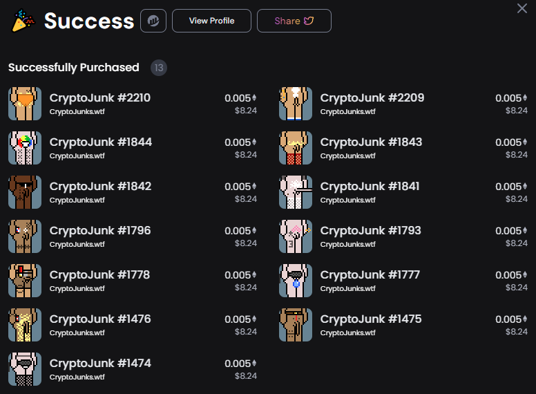 Mooncat5997 (@mooncat5997) on Twitter photo GM !
Executed one of my best lifetime trade, this morning.
+13 <a href="/CryptoJunks_wtf/">CryptoJunks.wtf</a> by <a href="/ambition_wtf/">ambition.wtf</a> . GM !
Executed one of my best lifetime trade, this morning.
+13 <a href="/CryptoJunks_wtf/">CryptoJunks.wtf</a> by <a href="/ambition_wtf/">ambition.wtf</a> .