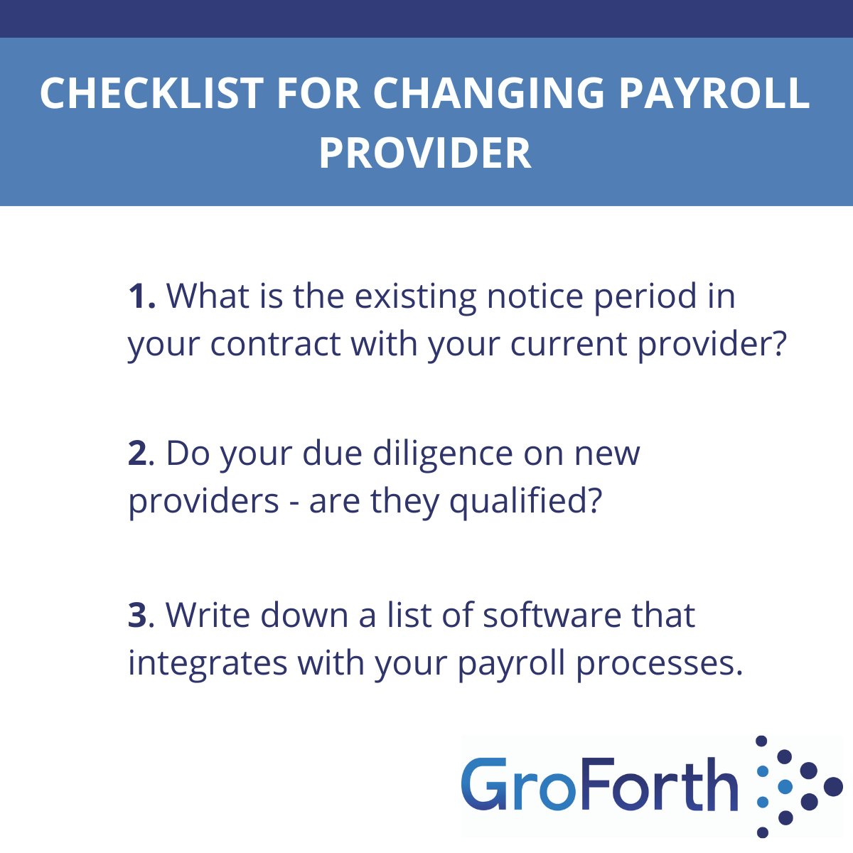 GroForth's tweet image. Last month, we shared 5 reasons why you should consider outsourcing your Payroll, but what if you have done that but don't feel it's working and need to switch? 

Use this checklist to guide you in the process. 

#payrollservices #irishbusiness