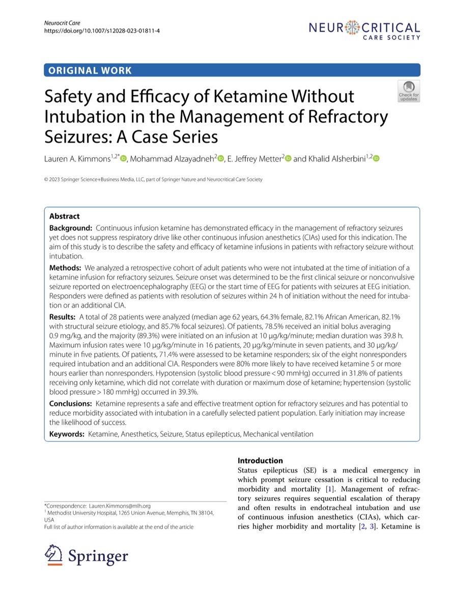 salia_farrokh's tweet photo. Ketamine for SE without intubation was discussed at the NCS annual meeting!
So happy to see this in print &amp; the NCS JC will focus on it next Tuesday ALL DAY 🎊🎉🥳🙌🏻🤓✔️👏👇👇@neurocritical @SCCM_Neuro @SCCM_CPP https://t.co/J74jHwsD0R