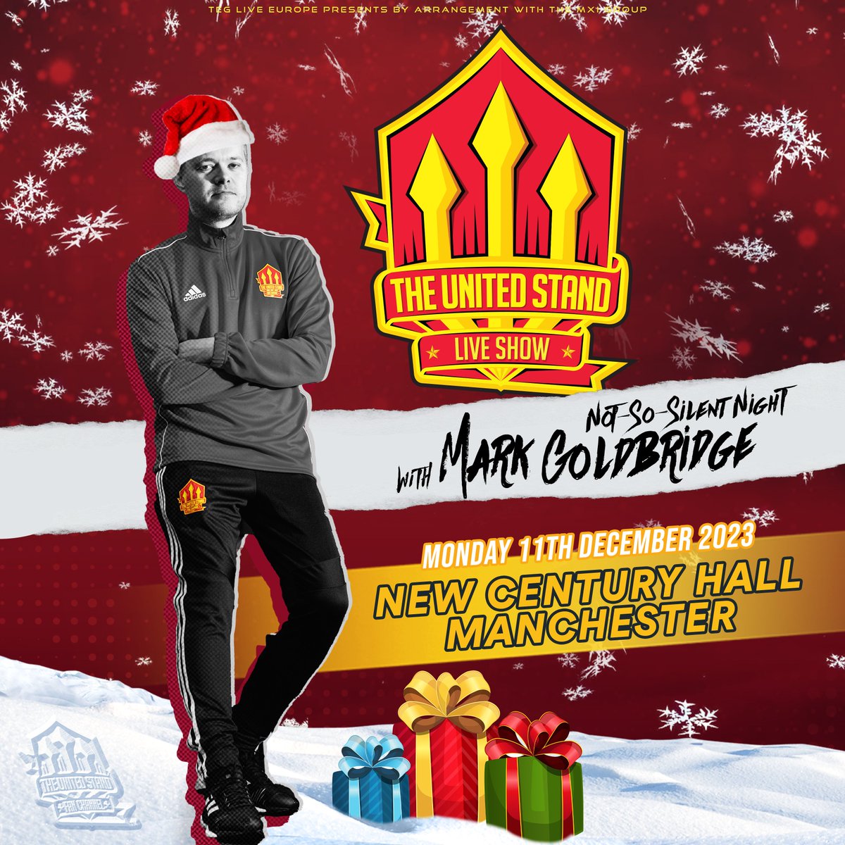 UnitedStandMUFC's tweet photo. 🎄 CHRISTMAS LIVE SHOW TICKETS ON SALE

🎟️ Tickets to our "Not So Silent Night" show hosted by @markgoldbridge are available NOW!

📍 New Century Hall, Manchester. 11 December 2023.

Get your tickets here 👉 https://t.co/X4YjSQRiyv