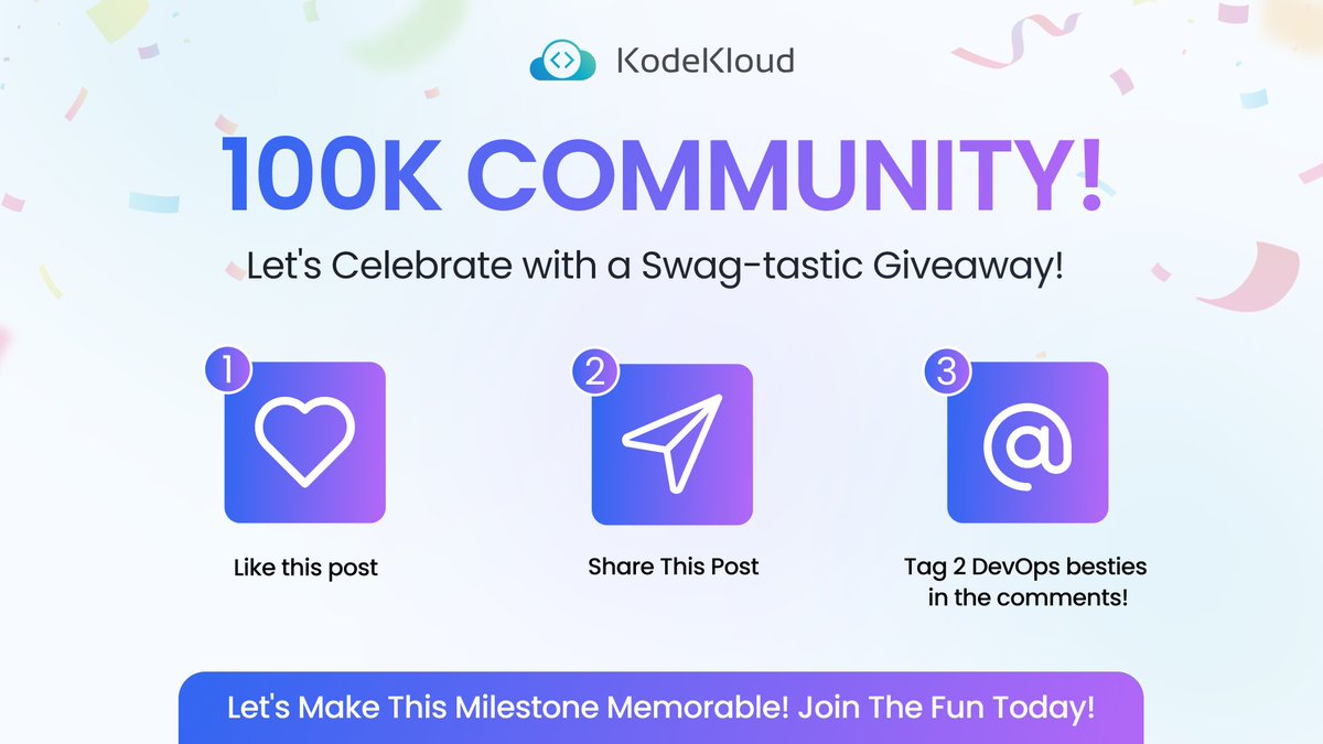 KodeKloudHQ's tweet photo. Don't miss your chance to score some EXCLUSIVE #KodeKloud goodies with an epic Swag-tastic Giveaway! 👇

We've just hit a monumental milestone - 100K KodeKloud Community!

How to Enter:

1️⃣ Like this post

2️⃣ Share this post

3️⃣ Tag your 2 DevOps besties below

Stay tuned to find out if you're one of the lucky winners!

#KodeKloud100KGiveaway #DevOps
