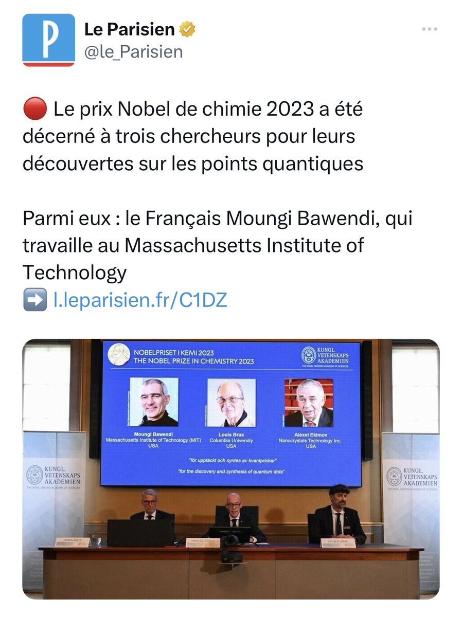 Pour le <a href="/le_Parisien/">Le Parisien</a> , Moungi Bawendi est un français et pour <a href="/BFMTV/">BFM</a> c’est un américain. Bref… 
#NobelPrize2023