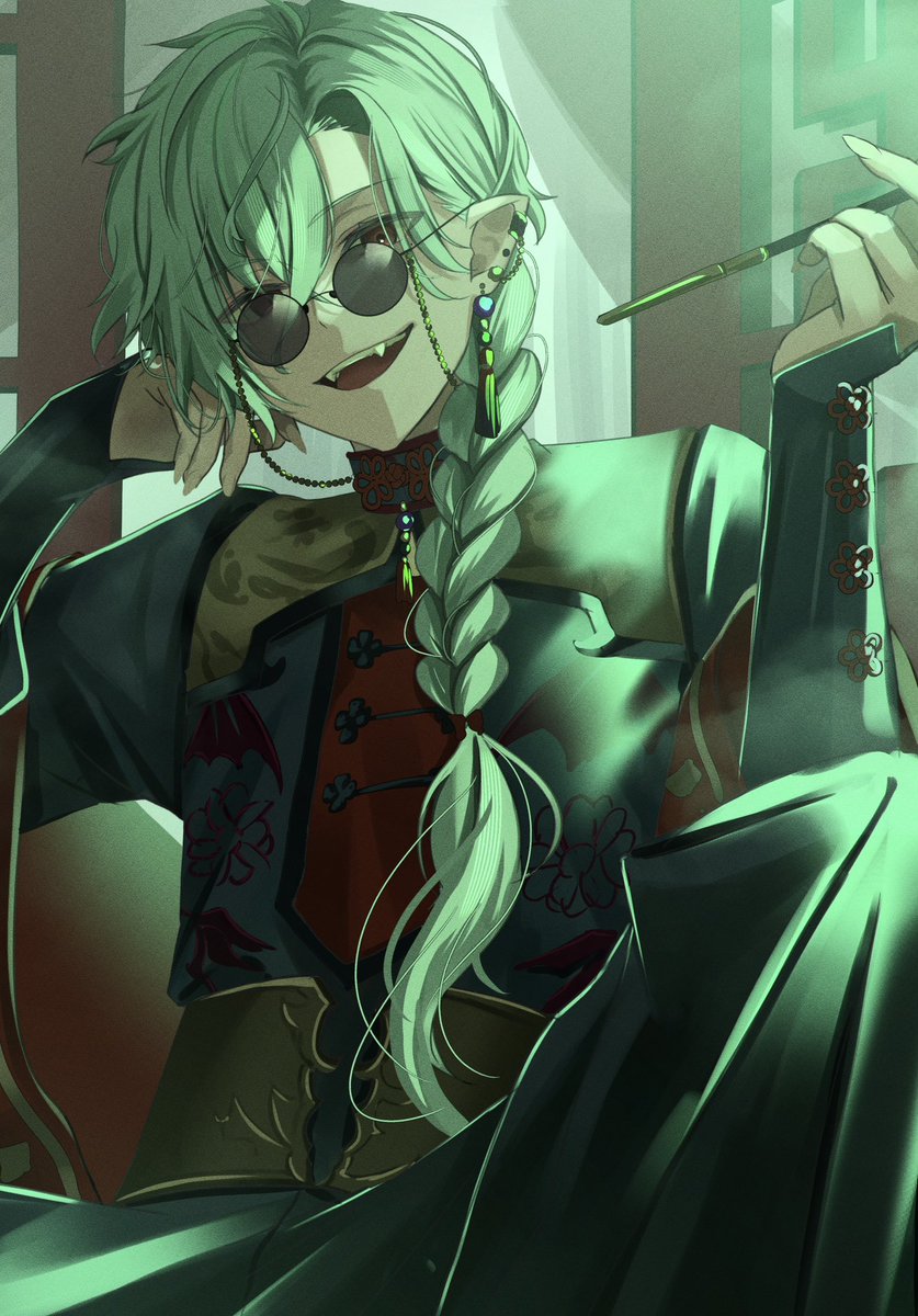 1boy braid male focus sunglasses green hair jewelry solo  illustration images