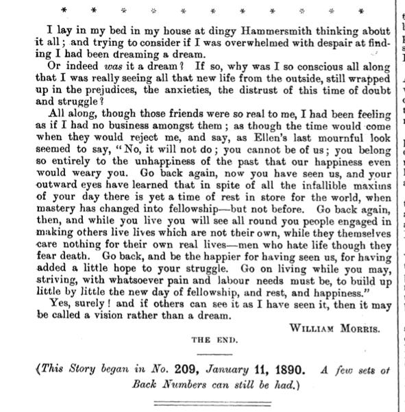 "Yes, surely! and if others can see it as I have seen it, then it may be called a vision rather than a dream."

The last installment of William Morris's News from Nowhere, published #OTD in 1890.

Commonweal 6.247 (4 October, 1890)