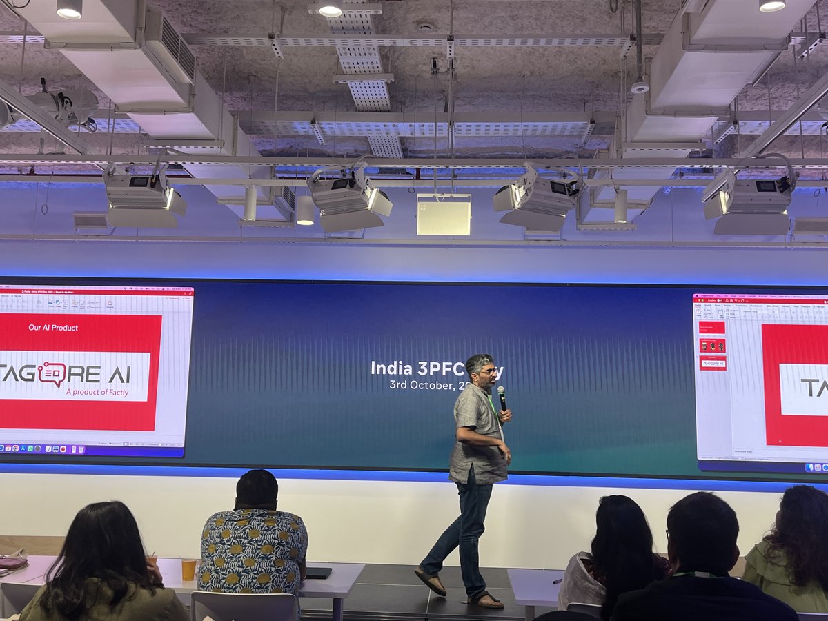 FactlyLabs's tweet photo. Our founder @rakeshdubbudu demoed our AI product 'TAGORE AI' &amp; the unique use cases we are building at the India 3PFC day organized by @metaindia in Delhi. https://t.co/wRAWHzQVjO