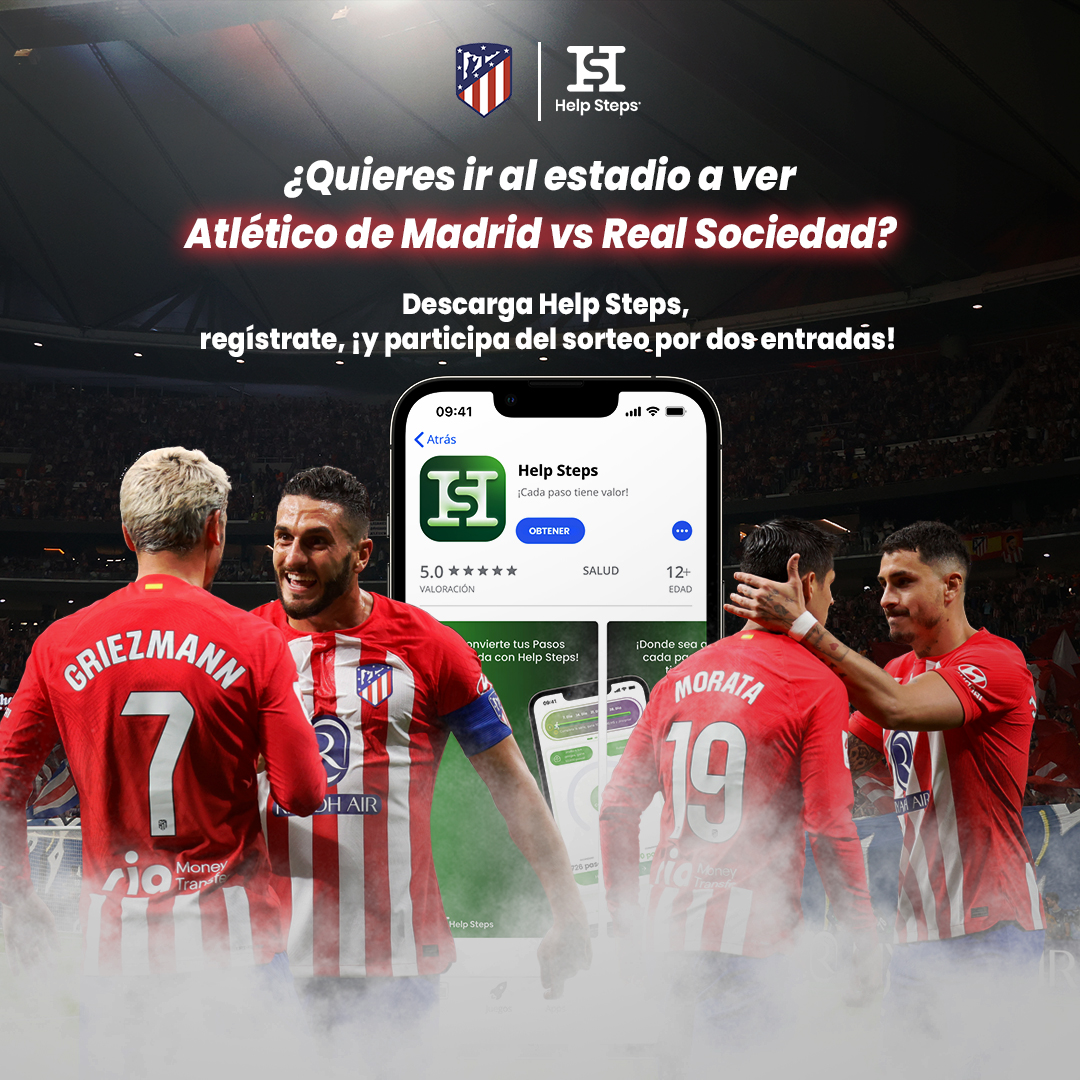 ¡Atención, fan del <a href="/Atleti/">Atlético de Madrid</a>! 

Descarga HelpSteps hoy ¡y podrás participar en un sorteo por dos entradas para ver al Atleti vs Real Sociedad!

1️⃣ Descarga nuestra app y regístrate
2️⃣ Convierte tus pasos en puntos HS cada día
3️⃣ Síguenos en Twitter: <a href="/helpstepsesp/">Help Steps ESP</a>
4️⃣ Únete al sorteo