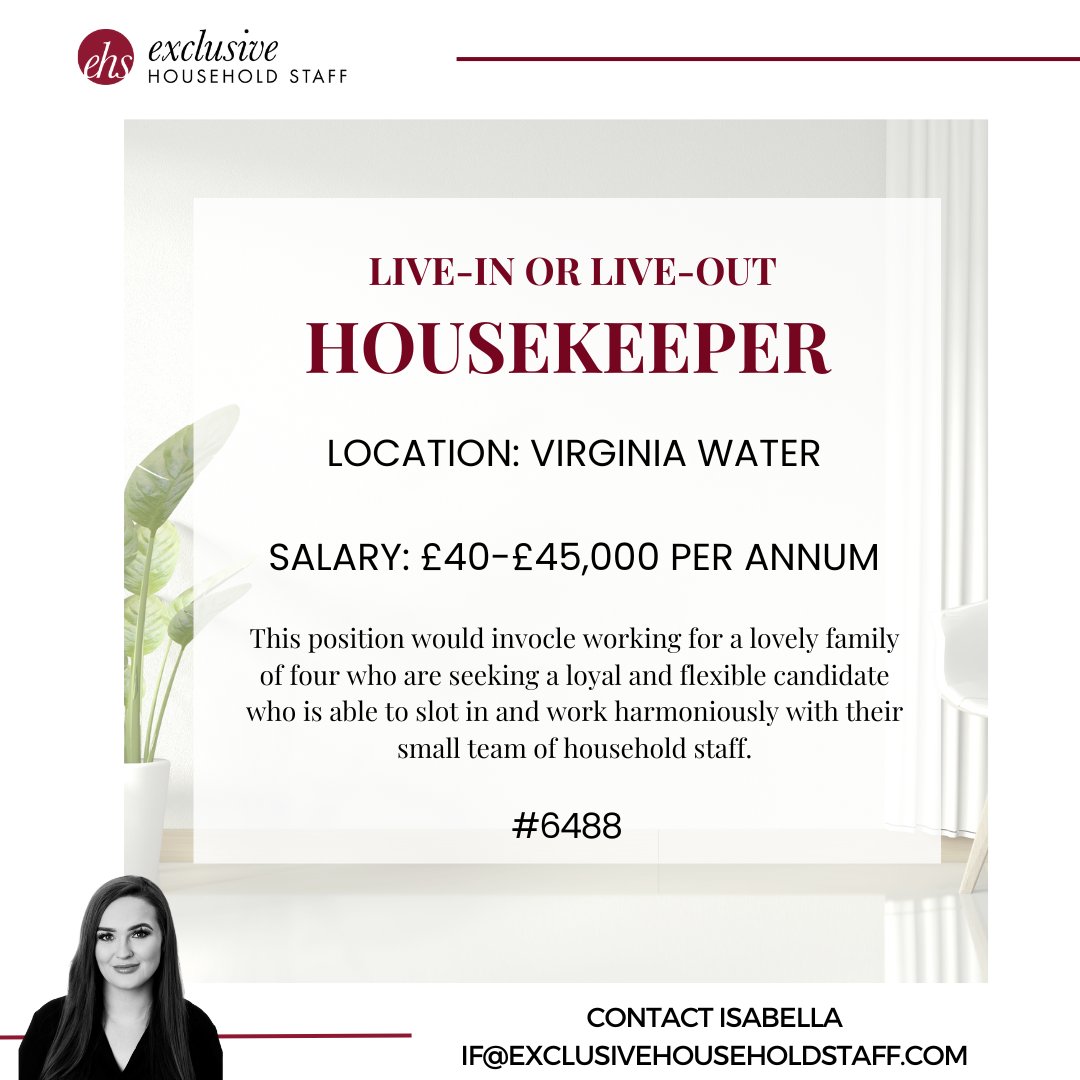 Our client, with a residence in Virgina Water, Surrey, are seeking a Live-in or Live-out Housekeeper to assist with the running of their family home

exclusivehouseholdstaff.com/search/results…

#housekeeper #housekeeping #privatehousekeeper #liveinhousekeeper #liveouthousekeeper #privatestaff