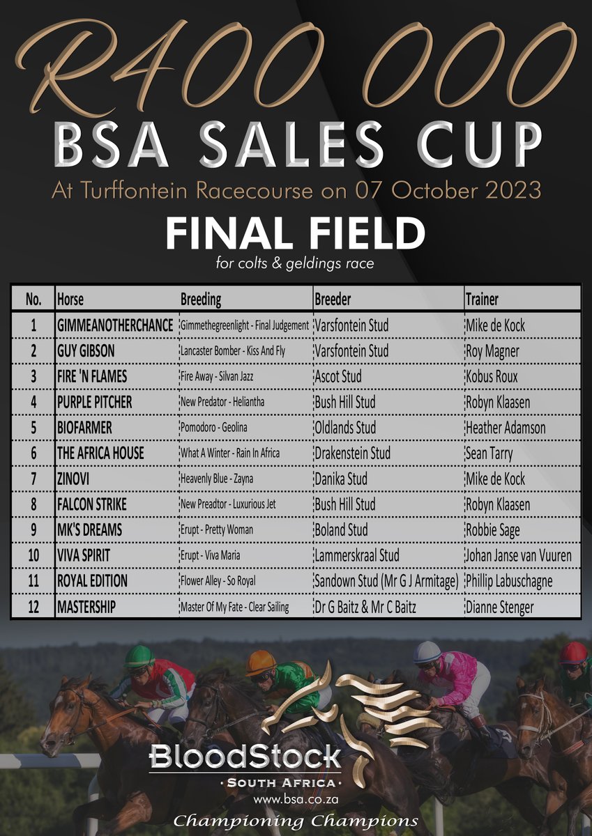 BloodstockSA1's tweet photo. Here are the final fields for the 2 x R400 000 BSA Sales Races being run this weekend at Turffontein Racecourse.

Good luck to everyone involved, may the best horses win! https://t.co/MQM0zDnNJK