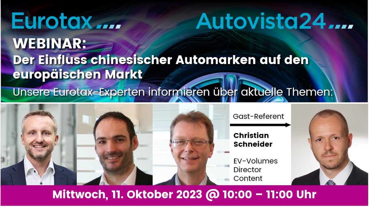 📣 #WEBINAR: Der Einfluss chinesischer Automarken auf den europäischen Markt

Gast-Referent Christian Schneider &amp; die #Eurotax Experten informieren über den Vormarsch chinesischer Automarken in Europa &amp; die Situation in der #Schweiz.

▶️HIER ANMELDEN: ow.ly/HPrG50PSMl2