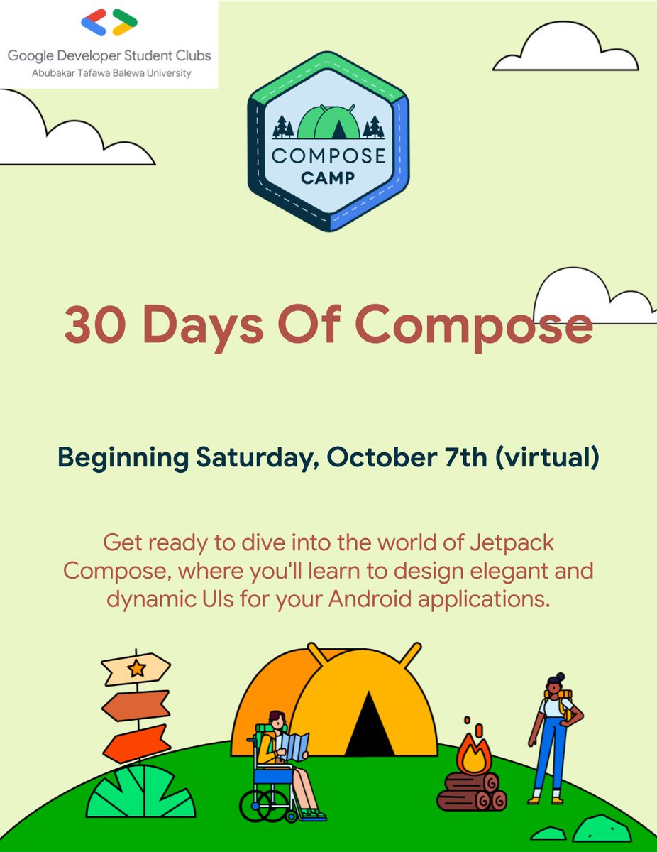 gdg_atbu's tweet photo. Retweet for others!
Introducing our upcoming #ComposeCamp series, #30DaysOfCompose. This event series will focus on building UIs with Jetpack Compose!
Build better apps faster with Jetpack Compose. Learn how at our #ComposeCamp sessions coming up.
RSVP: https://t.co/12OIiSkQNB https://t.co/OWSNBiKoYq