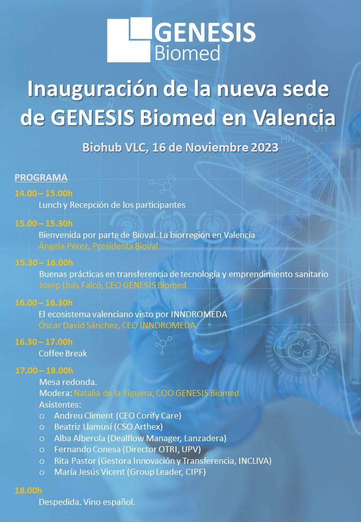 ¡Inauguración de la nueva sede de GENESIS Biomed en Valencia!
🗓️16 Nov. 14:00h-18:00h
📍 Biohub Valencia
👥Abierto a todos aquellos interesados en emprendimiento y TechTransfer del ecosistema de biomedicina de Valencia 
👉Inscríbete: docs.google.com/forms/d/e/1FAI…
<a href="/BIOVAL_es/">BIOVAL</a> @BiohubVLC
