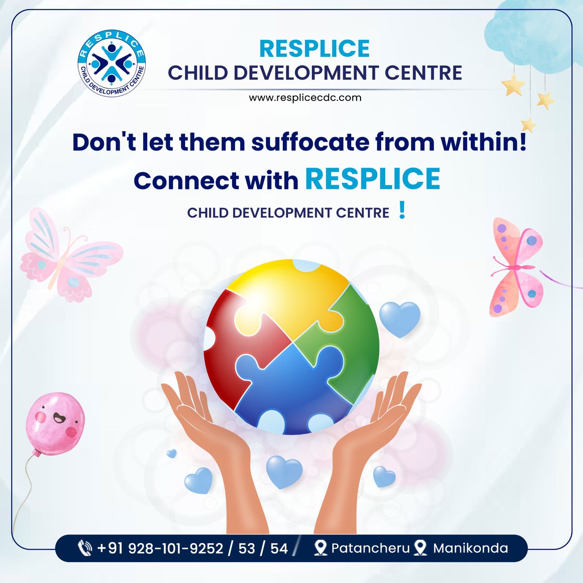 Don't let them suffocate from within! Connect with RESPLICE CHILD DEVELOPMENT CENTRE!
Contact: 92810 19252
resplicecdc.com
📍A: Patancheru
📍B: Manikonda

#autism #resplicechilddevelopmentcentre #behavioralhealth #childbehavior #ChildDevelopmentCenter