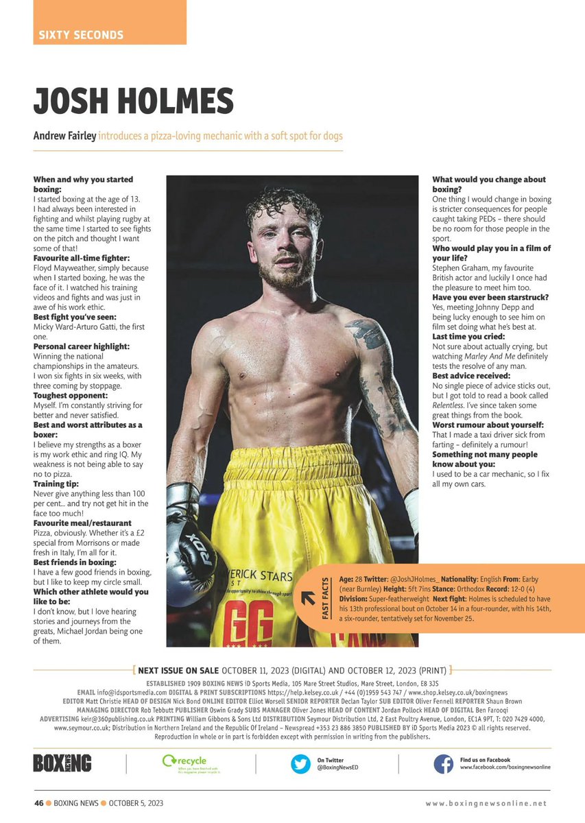 Great to have <a href="/JoshJHolmes_/">Josh Holmes</a> in this week's <a href="/BoxingNewsED/">Boxing News</a> and thanks as always to good man @boxingbloggeruk for the image!