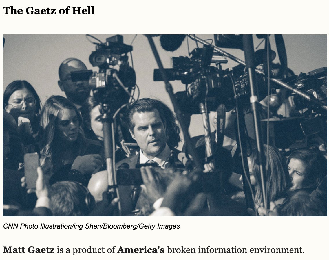 I love a good pun. H/T to <a href="/oliverdarcy/">Oliver Darcy</a> for scary/funny 
Gaetz of Hell .

+ pointing out that a Media Personality from Floriday with no major legislative achievements is running the show which is scary but not funny.