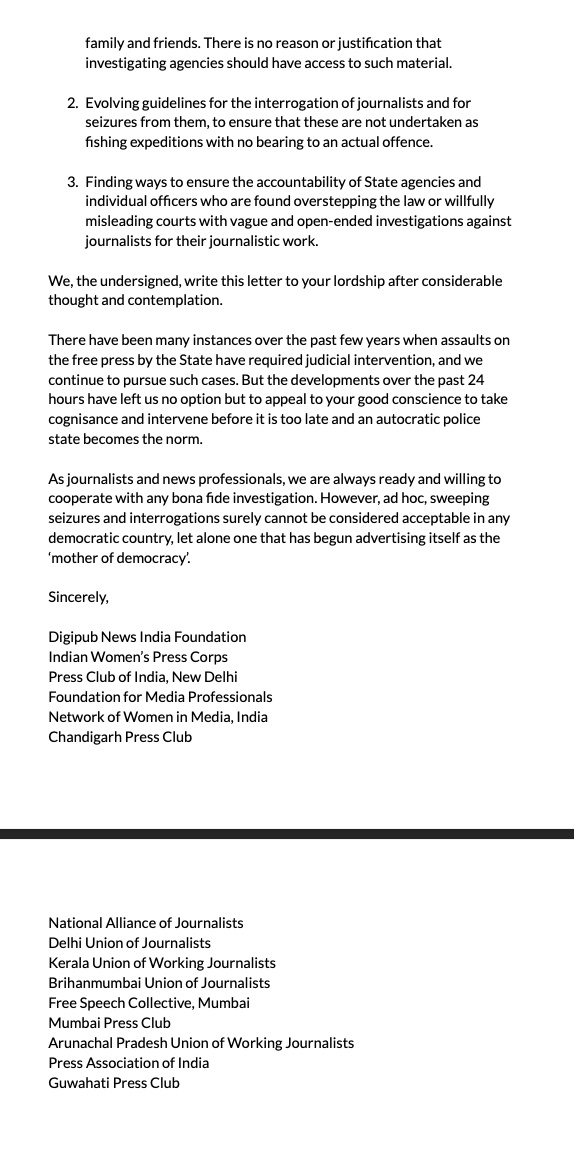 Letter from the media to D.Y. Chandrachud, Chief Justice of India, on the Delhi police raids at the homes of journalists and seizure of devices.

"...ad hoc, sweeping seizures and interrogations surely cannot be considered acceptable in any democratic country."