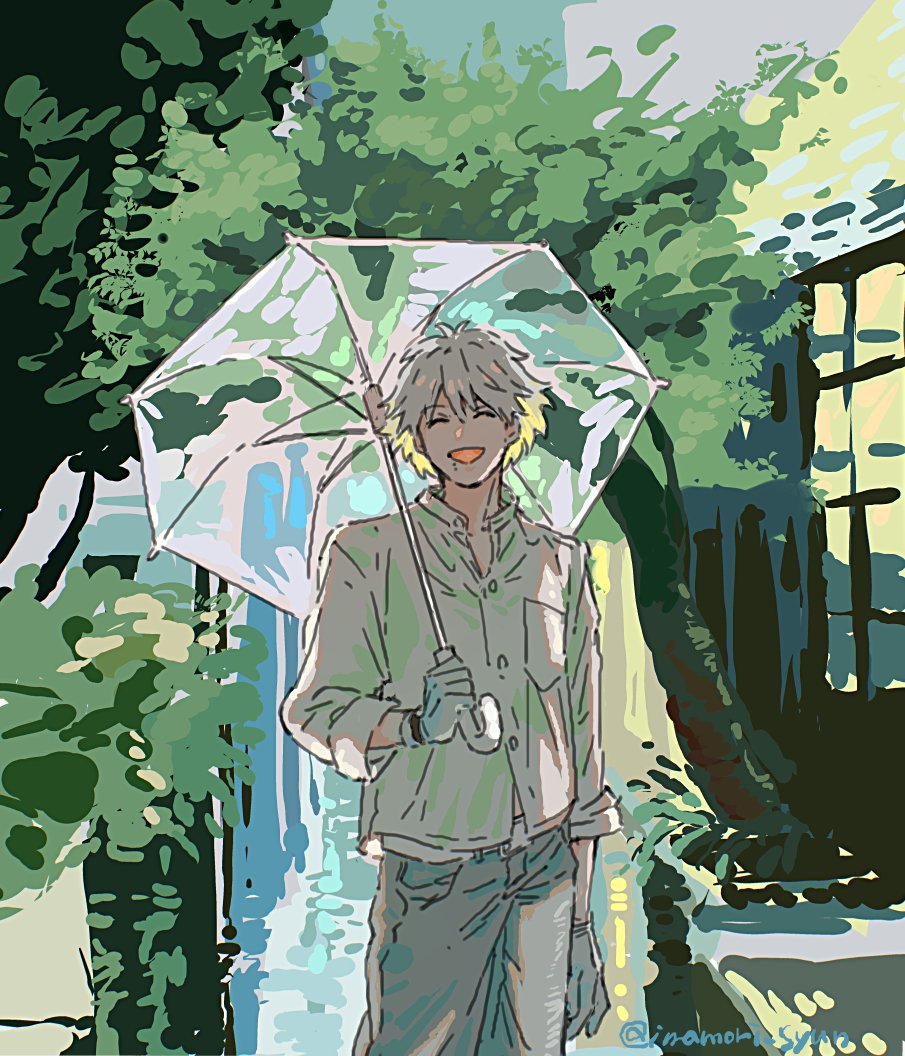 nagisa kaworu male focus 1boy closed eyes shirt solo smile pants  illustration images