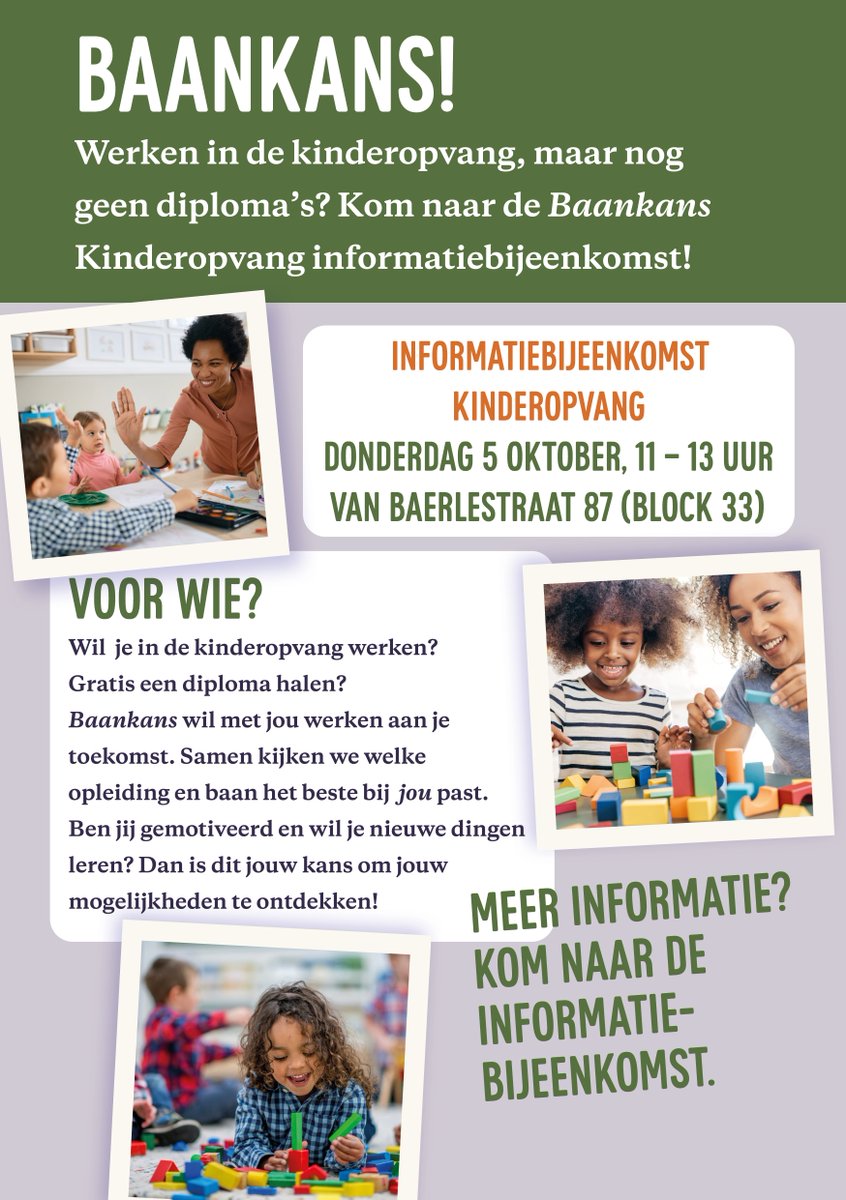WerkcentrumHgl's tweet photo. » Bent u of kent u iemand die wil werken in de kinderopvang, maar nog geen diploma's heeft? Morgen organiseert @socialclubDH de Baankans! Kinderopvang informatiebijeenkomst.
Bekijk de flyer ⬇️
---
#uwv #patijnenburg #werkse #wsprijswijk #denhaagwerkt #middendelfland #arbeidsmarkt https://t.co/5yNSso9sfx