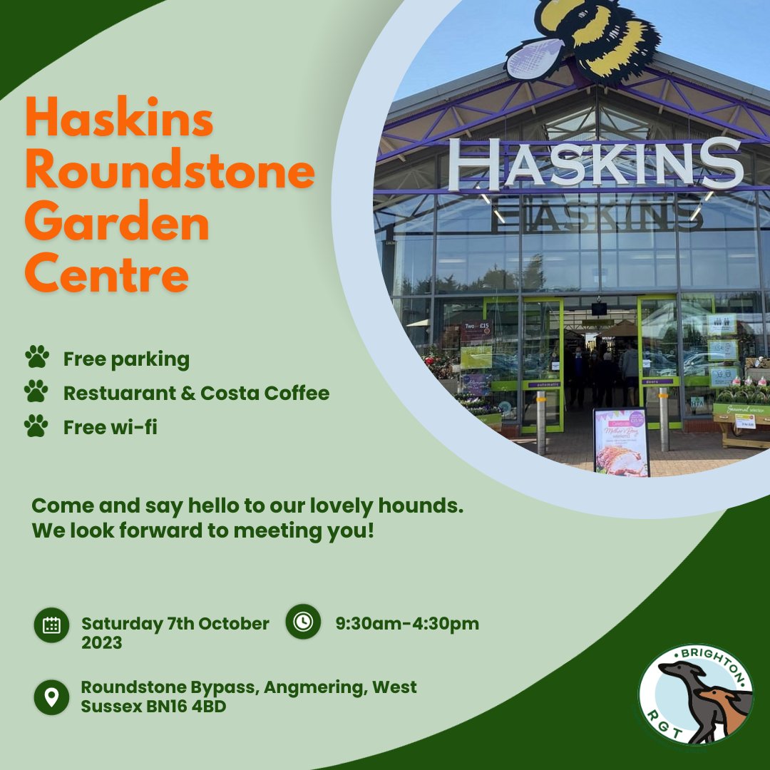 Join us on Saturday, October 7th, at Haskins, Roundstone Garden Centre, for a chance to meet our lovely hounds! 😊
📍 Roundstone Bypass, Angmering, West Sussex BN16 4BD
⏰ 9:30am-4:30pm

 #ForeverHomes #RoundstoneGardenCentre #WestSussexEvents #Adoption #HaskinsEvent #PetAdoption