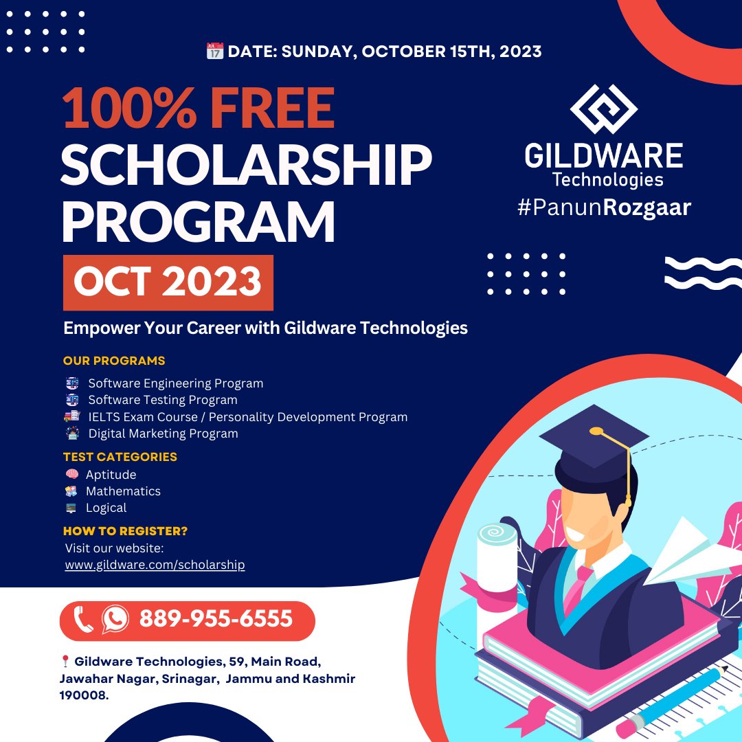 gildware's tweet photo. 🎓 **Unlock Your Future with a 100% FREE Scholarship Opportunity!** 🌟

Join us on **Sunday, October 15th, 2023** for the Gildware Technologies Scholarship Program in Srinagar, Jammu and Kashmir. Empower your career with our wide range of programs:
(https://t.co/stSTgmB3O1) https://t.co/psJDxzRWN9