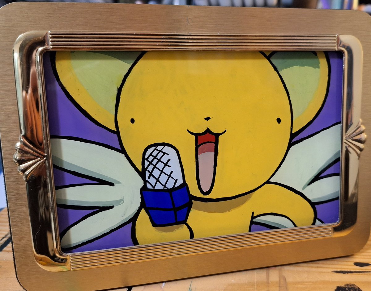 marissabrice's tweet photo. Yo Clow card fans! - another rough job kero was one my favorite characters back in the day I have lots these frames I'm wanted to paint hopefully you enjoy watching them 😊 #painting #glasspainting #anime  #cardcaptorart  #animeglasspainting https://t.co/uuZ1YO5lrW