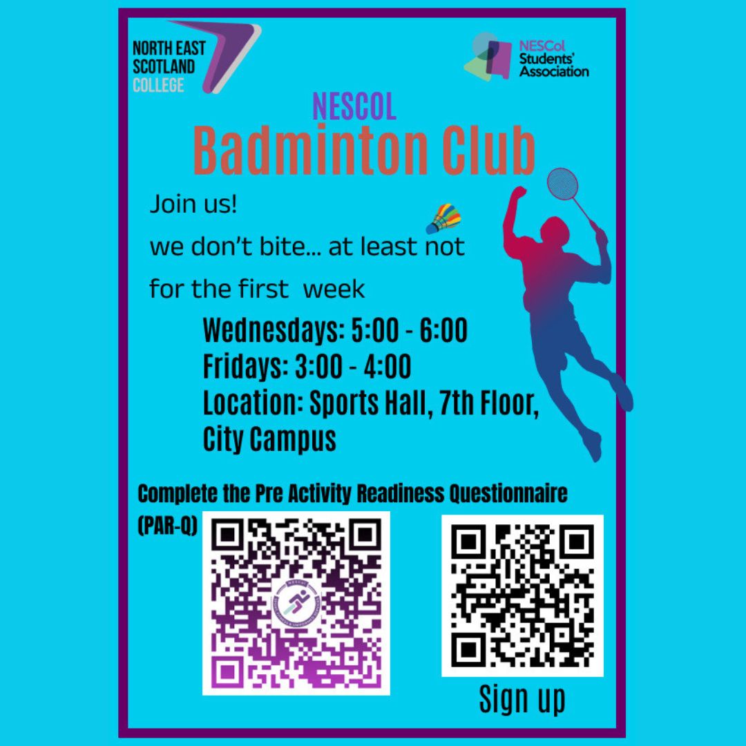 Did you know that we have a fantastic Badminton Club led by Usman?

They meet twice a week to play on City Campus and all NESCol students are welcome to join, no matter what you skill level is!

Every Wednesday from 5pm-6pm or Fridays from 3pm-4pm in the 7th floor sports hall! 🏸