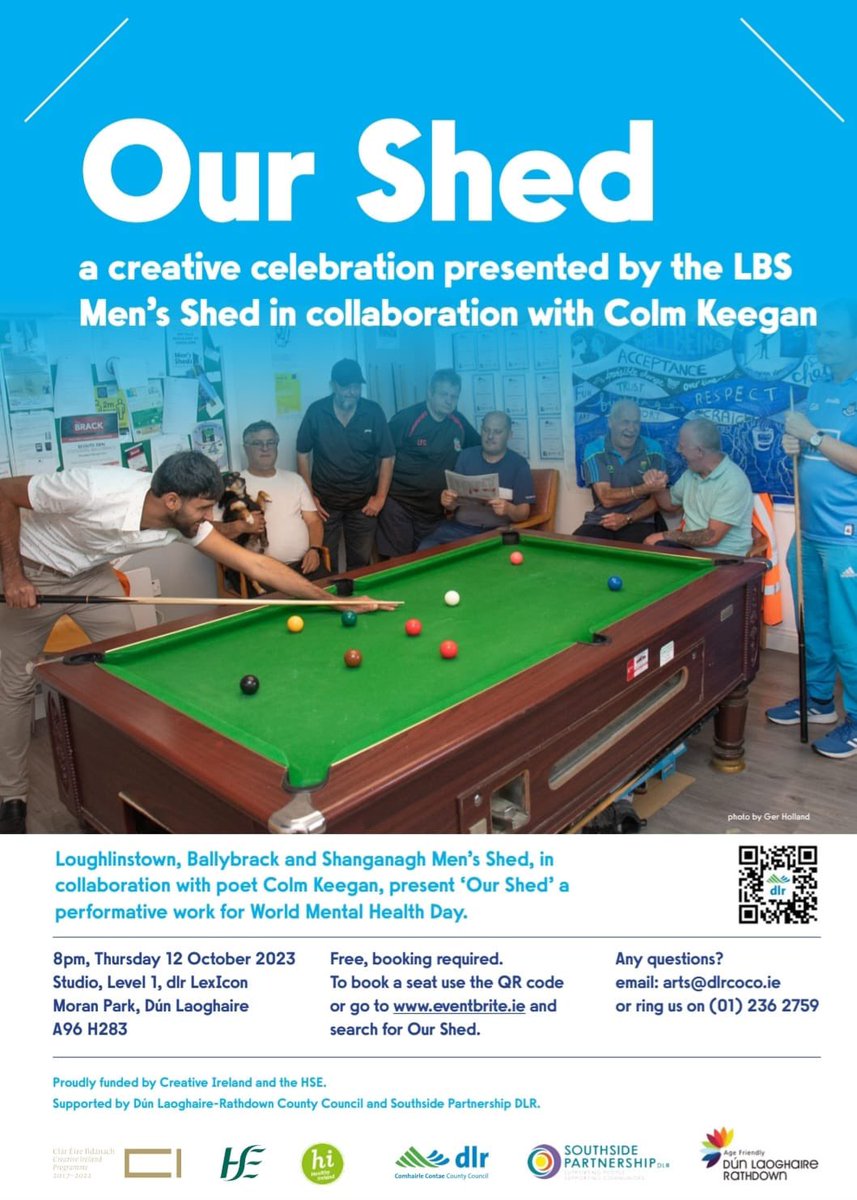 LBS Men’s Shed with @Colm_Keegan present Our Shed on the 12th October in the @dlrLexIcon #Loughlinstown #Ballybrack #Shankill @DLRPPN @IrishSheds @AgeFriendlydlr @dlrArts #MentalHealthMatters @dlrcc @dlrSportsTeam