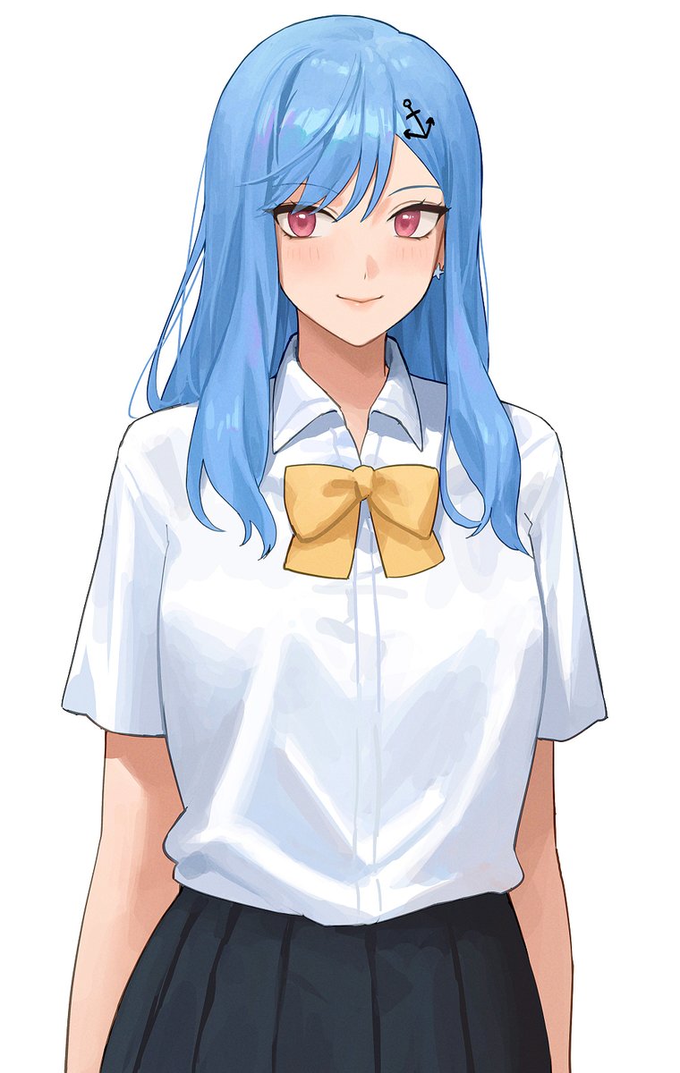 1girl solo skirt shirt blue hair smile white shirt  illustration images