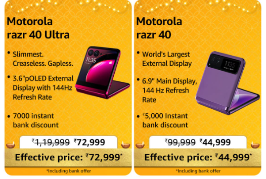 #AmazonGreatIndianFestival sale is offering the lowest ever price on Motorola Razr40 & Razr 40 Ultra 

#MotorolaRazr40 #MotorolaRazr40Ultra #Amazon