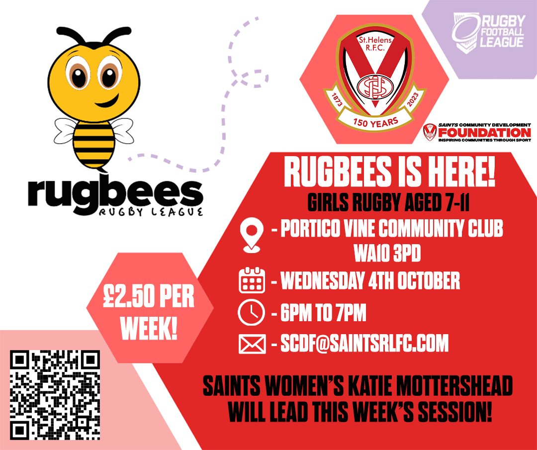 🐝 𝗜𝘁𝘀 𝗥𝘂𝗴𝗕𝗲𝗲𝘀 𝗗𝗮𝘆!

<a href="/katiemot13/">Katie Mottershead</a> will host RugBees later on this evening. No registration needed, just show up at the session!

🏟️ <a href="/PorticoVineRLFC/">Portico Vine ARLFC</a> (WA10 3PD)
👧 Girls aged 7-11
🕕 6pm-7pm
💰 £2.50

#Saintsandproud