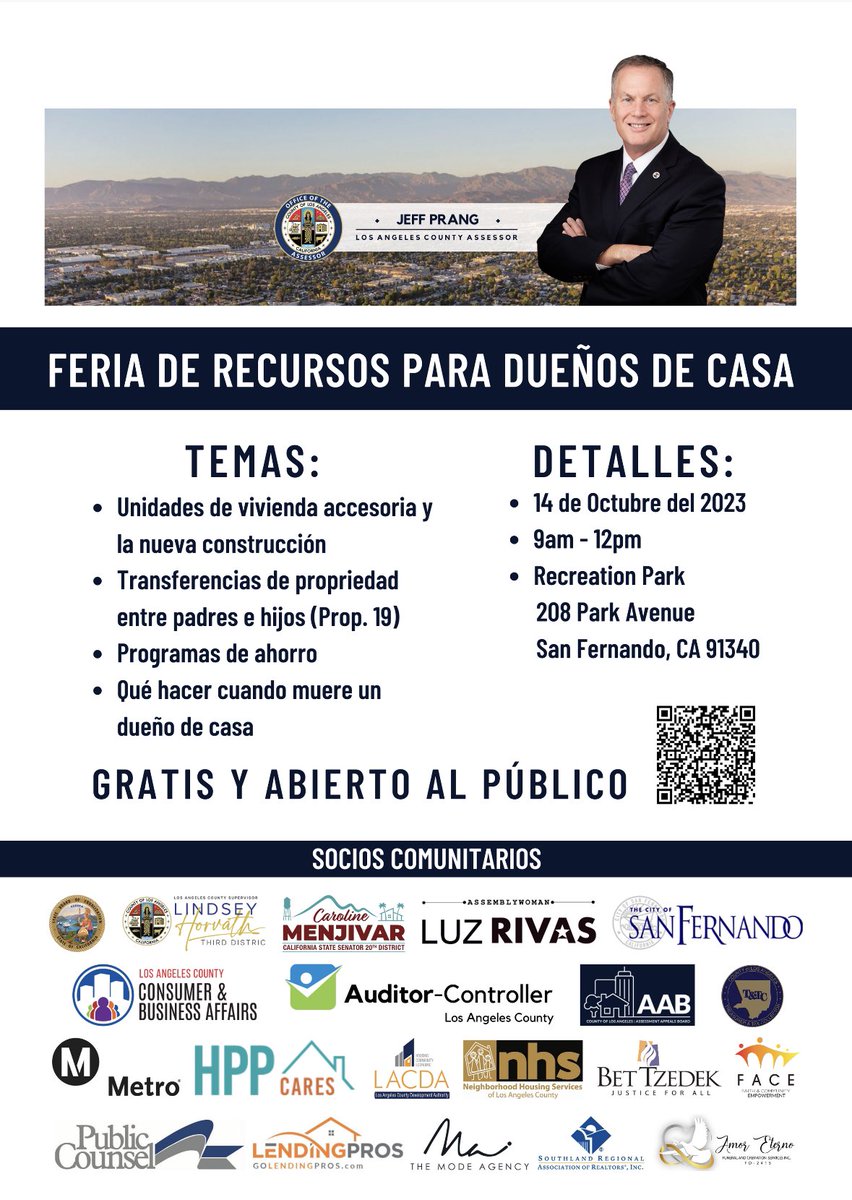 The Los Angeles County Assessor’s Office looks forward to welcoming you to our next Homeowners' Resource Fair on October 14 at Recreation Park in San Fernando. Register today at bit.ly/AssessorRSFair  #homeowner #realtors #sanfernando #sanfernandovalley