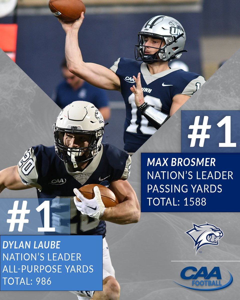 .@UNH_Football continues to excel in the national rankings ▪️ Max Brosmer ranks No. 1 in passing yards (1588) ▪️ Dylan Laube is No. 1 in all-purpose yards (986) #CAAFB