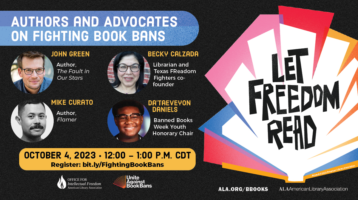 Starting in 30 minutes: Don't miss <a href="/johngreen/">🐢🐢🐢John Green🐢🐢🐢</a> @MikeCurato <a href="/FReadomFighters/">TXFReadomFighters</a> Becky Calzada &amp; #BannedBooksWeek Youth Honorary Chair Da'Taeveyon Daniels for Authors and Advocates on Fighting Book Bans! bit.ly/3F3d95l