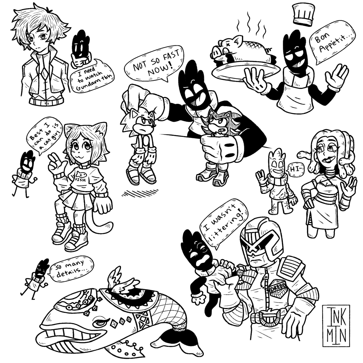 Inkmin_'s tweet photo. Just a bunch of art I did a while ago that I never posted.
One is a gift for my sister, a bunch of doodle requests, and my dnd character
#dnd #dndcharacter #doodles #harrypotter #sonic #catgirl #gundam #windfish #medusa https://t.co/oYU8nyUdiO