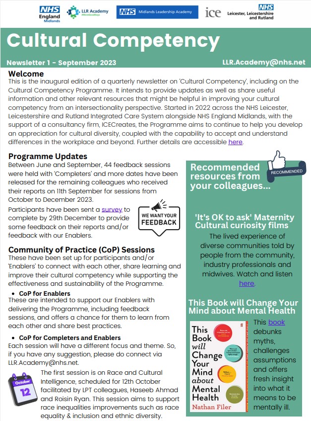 Here is our Cultural Competency Newsletter. This is intended to provide information and updates about resources that can improve our cultural competency.