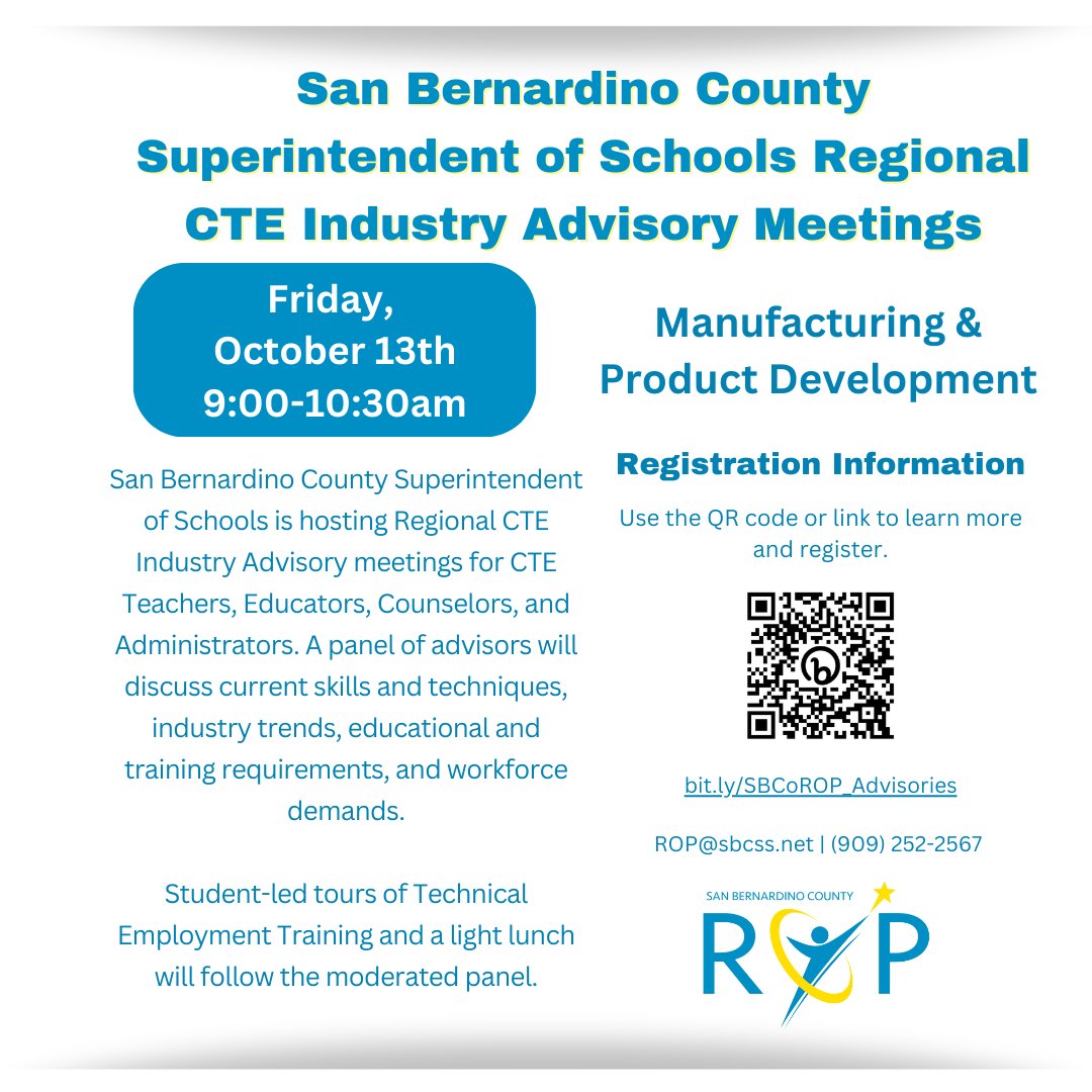 ATTN: #Manufacturing and #ProductDesign #CTE #Teachers in San Bernardino and Riverside Counties. Join SBCROP for the Regional Advisory at Technical Employment Training on Friday, October 13, 2023 Register  👉bit.ly/SBCoROP_Adviso… <a href="/RCOE/">RivCo Office of Education</a> <a href="/RCOECTE/">Riverside County Office of Education - CTE</a> <a href="/FontanaUnified/">Fontana Unified</a> <a href="/BaldyViewROP/">Baldy View ROP</a>