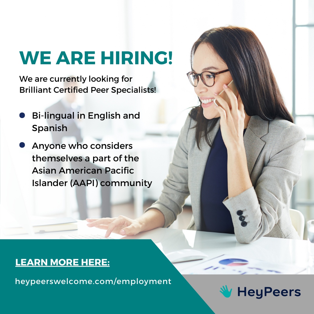 HeyPeers is looking for more brilliant Certified Peer Specialists to join our wonderful team of facilitators! 

Apply here: heypeerswelcome.com/employment

#nowhiring #peerspecialist #facilitators #job #gethired #recruiting #jobopening #hiring #joinourteam #aapi #bilingual #heypeers