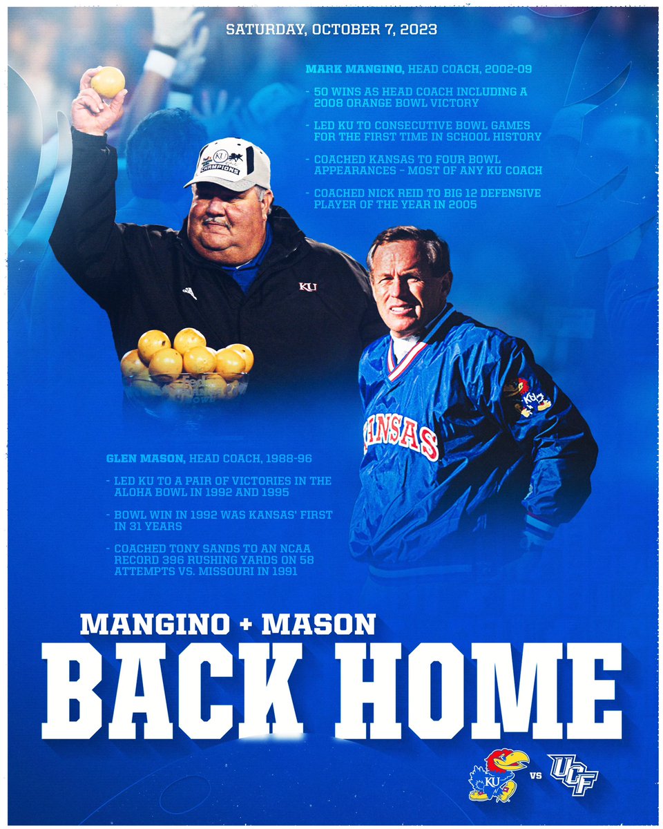 KU_Football's tweet photo. Coach Mangino and Coach Mason are coming back home this weekend 🚨

They will be in The Booth on Saturday for the induction of Tony Sands and Nick Reid into the Ring of Honor.

#RockChalk https://t.co/W5Fb7L66f5