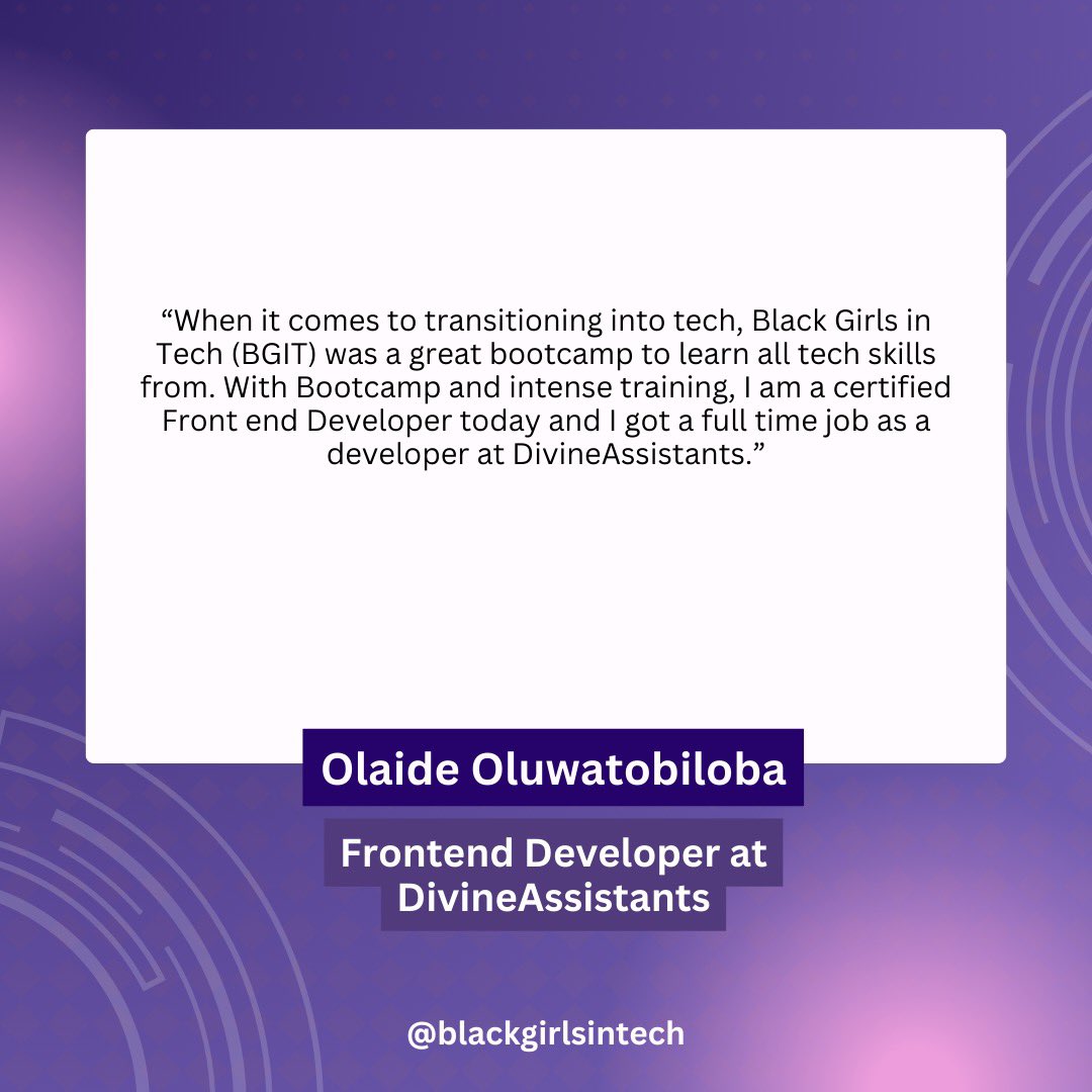 We're excited to highlight some of our students on the BGIT bootcamps who have gotten hired!Meet Olaide, who is now a Frontend developer 🥳🎉 #BGITBootcamps #FrontEndDeveloper #Hired