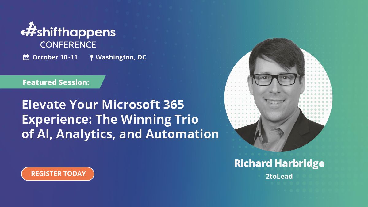 Dive into the future of collaboration and management with #AI, #analytics, & #automation at my #ShiftHappens session on October 10th! 📅 

Let’s redefine the #digitalworkplace together! 

➡️ buff.ly/3ryXOpZ