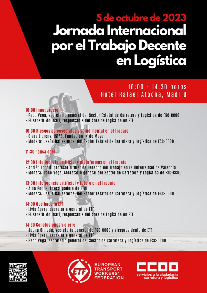 ISTASF1M's tweet photo. Mañana, 📅5 octubre, Clara Llorens Serrano, técnica #ISTASF1M @fundacion1mayo, participa en la jornada Internacional por el #TrabajoDecente en logística organizada por @ETF_Europe y @ccoocarlog
📑Programa👇 https://t.co/7o7JXgzebI