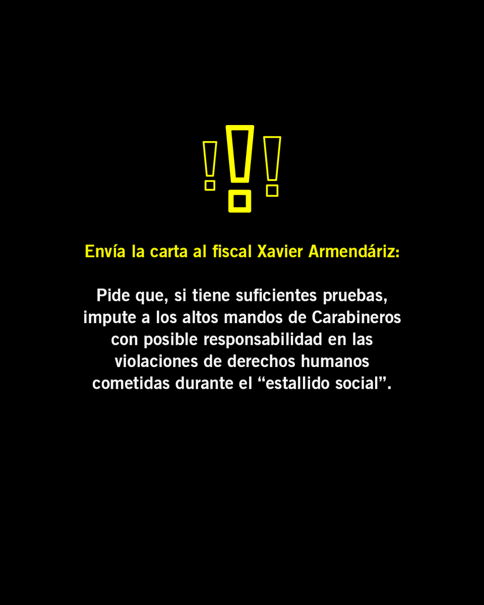 🚨#Chile

A 4 años del #EstallidoSocial ningún alto mando estratégico ha rendido cuentas por las violaciones generalizadas de #DerechosHumanos cometidas por <a href="/Carabdechile/">Carabineros de Chile</a>

El inicio de un proceso penal es clave para avanzar, por fin, hacia la justicia.

💪🏽Es momento de ACTUAR 👇🏽