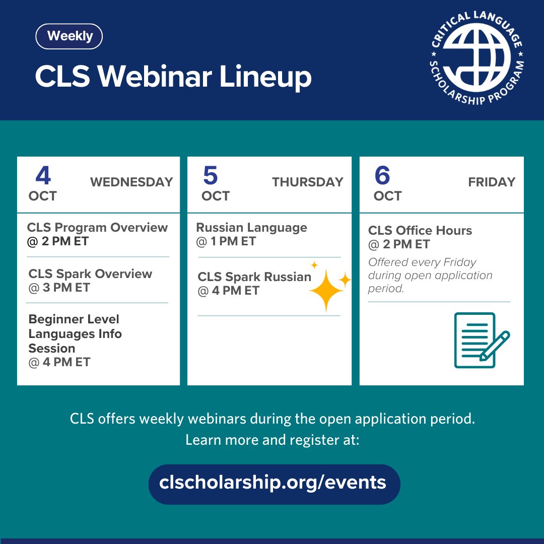 There are lots of opportunities to learn more about <a href="/CLSscholarship/">CLS Program</a>. Webinars are a great place to start, or stop by the Office of National Scholarships!
