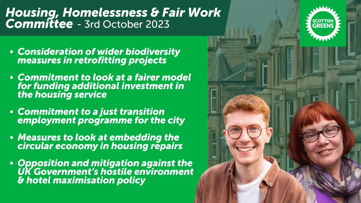 At yesterday’s Housing, Homelessness &amp; Fair Work committee <a href="/susan4leithwalk/">Susan Rae</a> and I had some good wins on: 

• Biodiversity in retrofitting 🐛
• Fairer funding for the housing service, not built on the backs of tenants ⚖️ 
• A new just transition employment programme👷‍♀️ 

[1/]