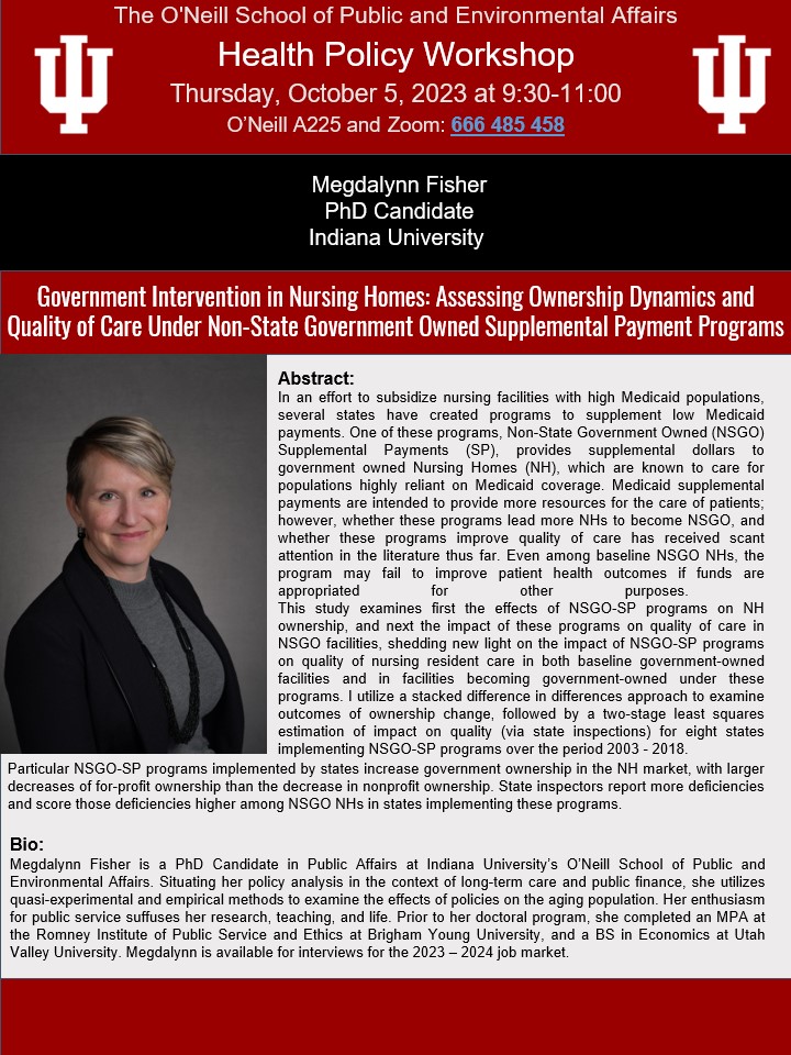 IUHealthPolicy's tweet photo. Join us Thursday, October 5th, at 9:30 AM for our Health Policy Workshop. 
@megdalynnfisher will speak on "Government Intervention in Nursing Homes" 
For virtual attendance details, email djsalced@iu.edu or dlvera@iu.edu https://t.co/VdkI6IQjyT